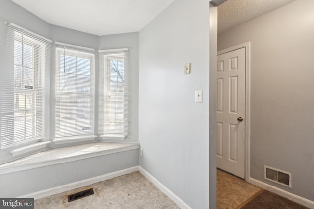 interior space with baseboards, visible vents, and a textured ceiling