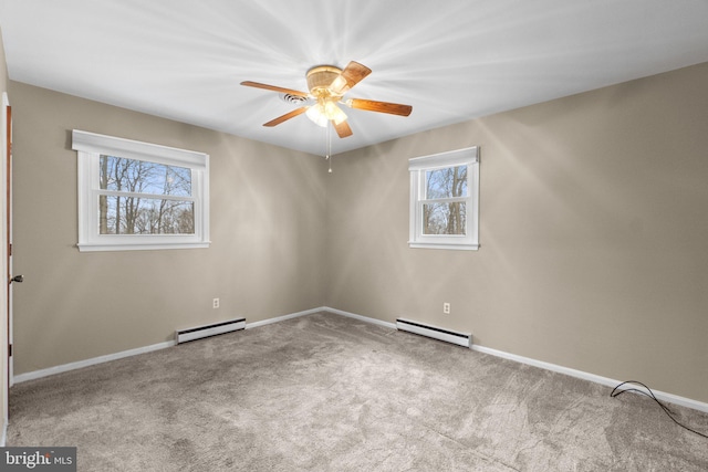 unfurnished bedroom featuring a baseboard radiator, light carpet, a ceiling fan, baseboards, and baseboard heating