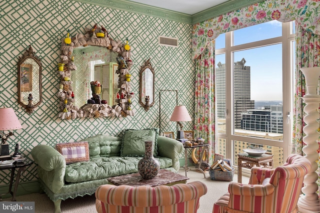 130 S 18th St Unit 3103, Philadelphia, PA 19103 - living room with ornamental molding, carpet flooring, and a wealth of natural light