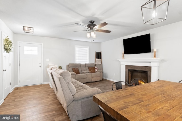 living room featuring ceiling fan and light hardwood / wood-style flooring