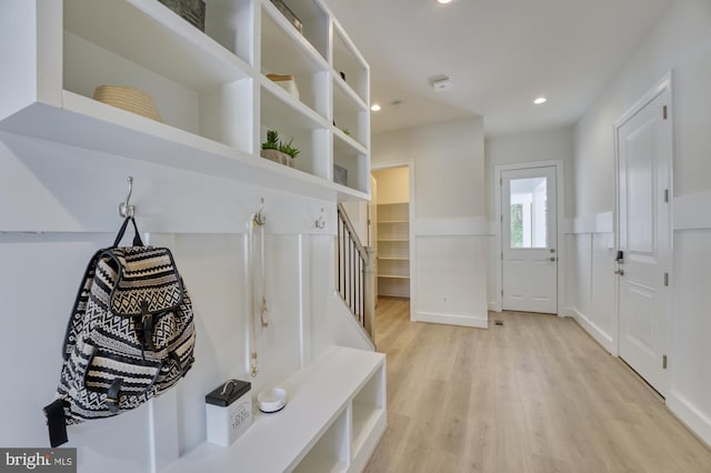 mudroom with light wood-style floors and recessed lighting