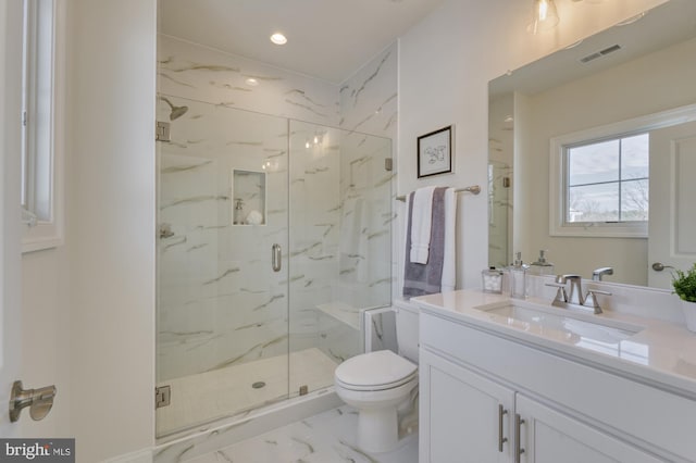 bathroom with marble finish floor, visible vents, toilet, and a marble finish shower