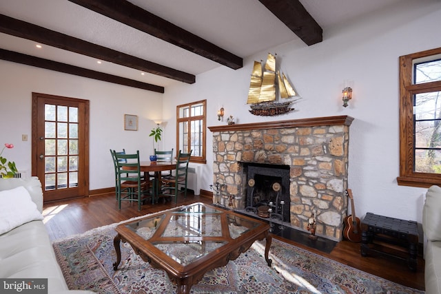 living room featuring a healthy amount of sunlight, a fireplace, and wood finished floors