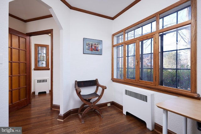 sitting room featuring arched walkways, crown molding, dark wood-style floors, and radiator