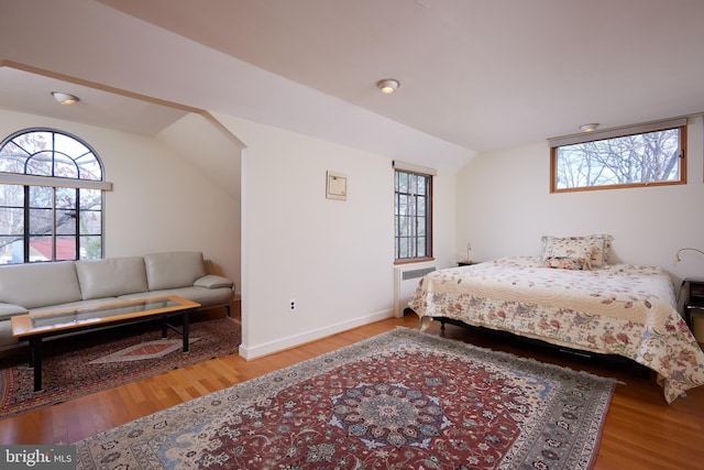 bedroom with lofted ceiling, radiator heating unit, multiple windows, and wood finished floors