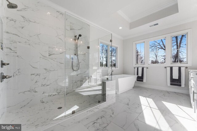 bathroom featuring a marble finish shower, ornamental molding, marble finish floor, a raised ceiling, and visible vents