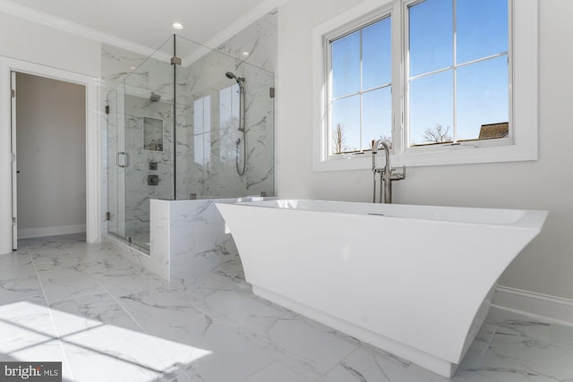 full bath featuring crown molding, baseboards, marble finish floor, a marble finish shower, and recessed lighting