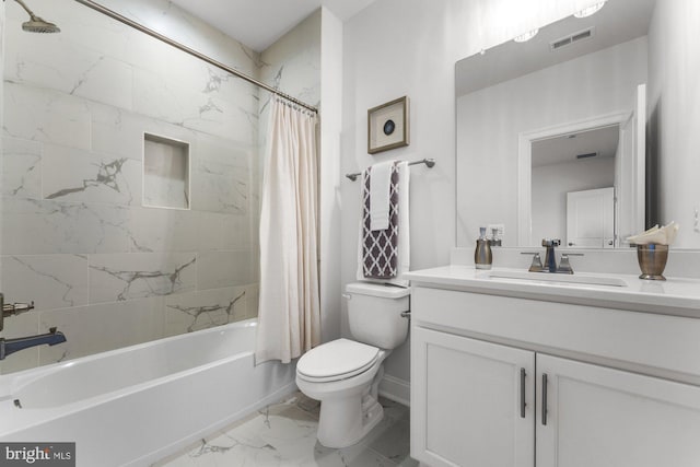 full bathroom featuring toilet, vanity, shower / bathtub combination with curtain, marble finish floor, and visible vents