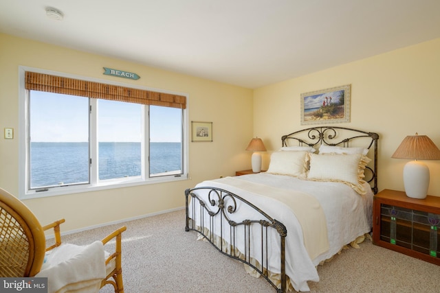 carpeted bedroom featuring a water view