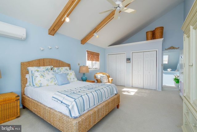 bedroom with beam ceiling, two closets, ceiling fan, a wall mounted AC, and light colored carpet