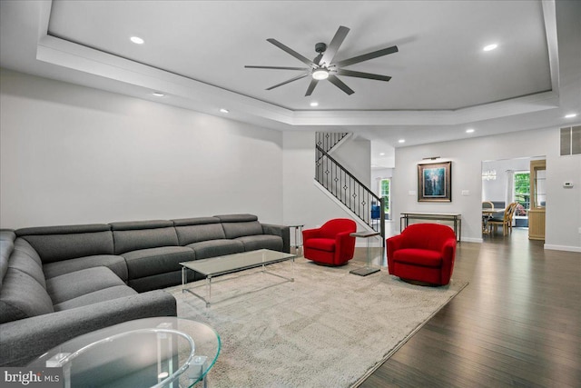 450 Marley Run, Huntingtown, MD 20639 - living room with recessed lighting, a tray ceiling, a ceiling fan, and wood finished floors