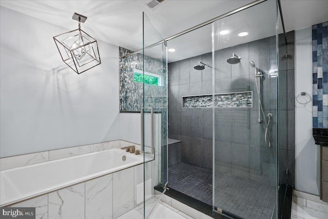 450 Marley Run, Huntingtown, MD 20639 - bathroom featuring a shower stall, recessed lighting, a bath, and marble finish floor