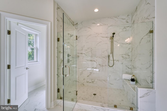 full bath featuring baseboards, marble finish floor, a marble finish shower, and recessed lighting