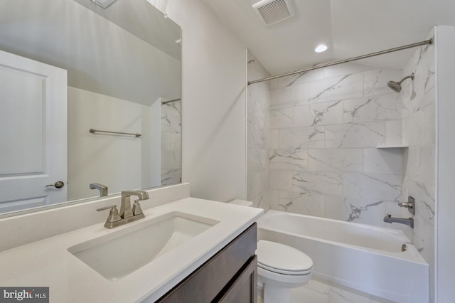 full bath with bathtub / shower combination, toilet, visible vents, vanity, and marble finish floor