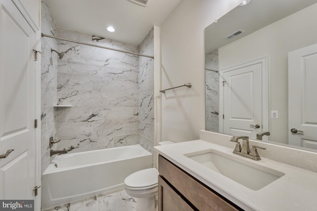 full bathroom with visible vents, toilet, shower / tub combination, marble finish floor, and vanity