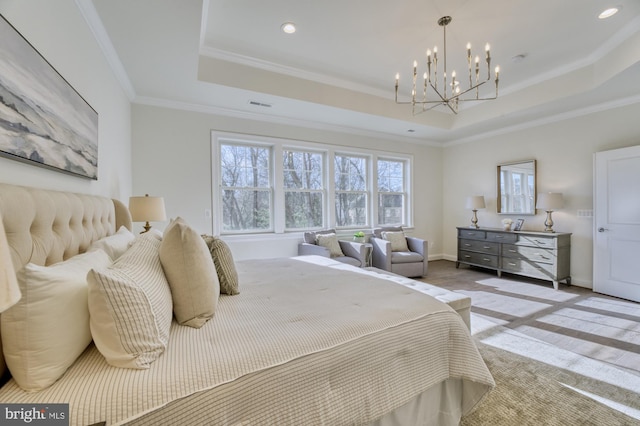 bedroom with visible vents, a tray ceiling, crown molding, and recessed lighting