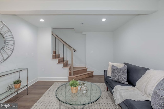 living area featuring stairway, wood finished floors, and recessed lighting