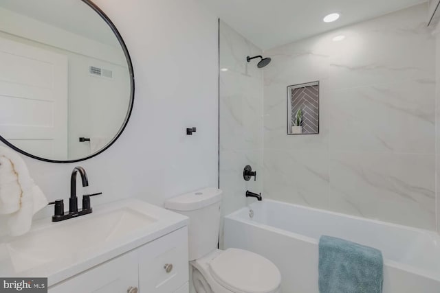 full bath featuring recessed lighting, visible vents, shower / bathing tub combination, toilet, and vanity