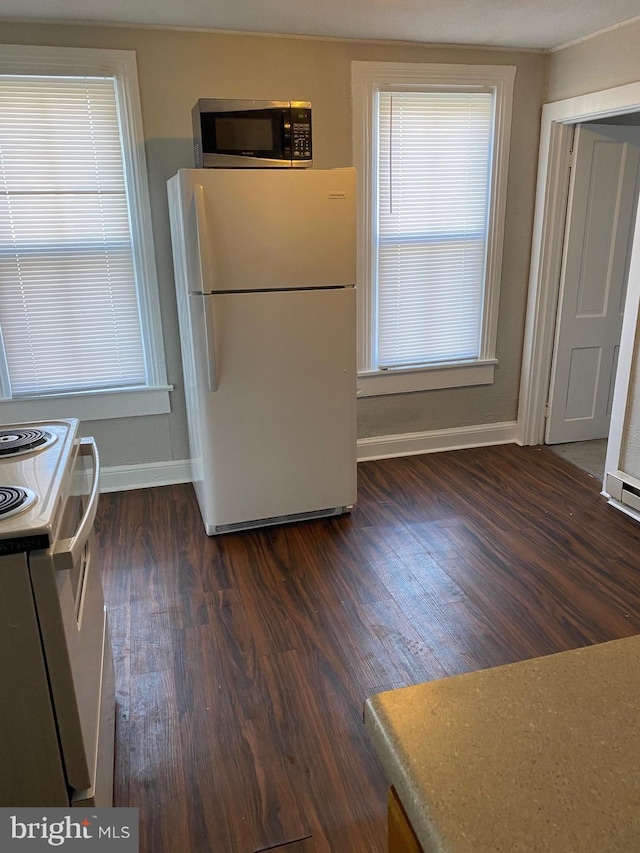 kitchen with white appliances, dark wood-type flooring, and plenty of natural light