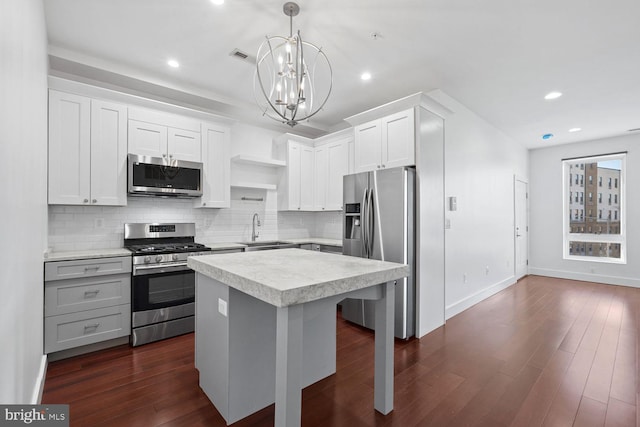 kitchen featuring sink, white cabinetry, appliances with stainless steel finishes, a kitchen island, and pendant lighting