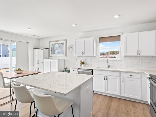 kitchen with a sink, tasteful backsplash, appliances with stainless steel finishes, and white cabinets