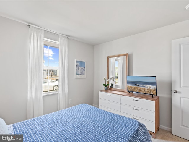 bedroom featuring multiple windows and light colored carpet