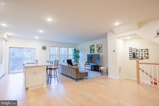 living room featuring sink and light hardwood / wood-style flooring