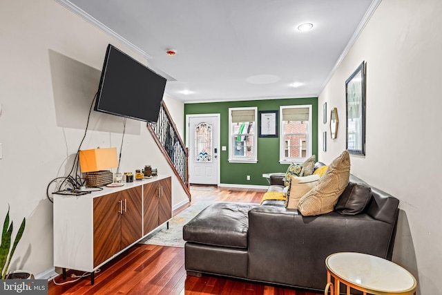 living room with crown molding and dark wood-type flooring