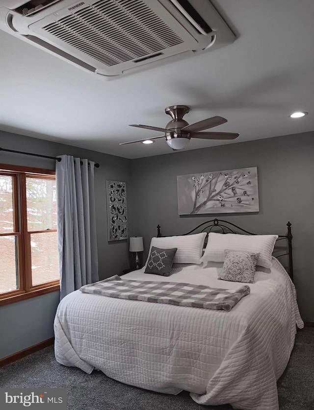 bedroom featuring baseboards, visible vents, ceiling fan, carpet floors, and recessed lighting