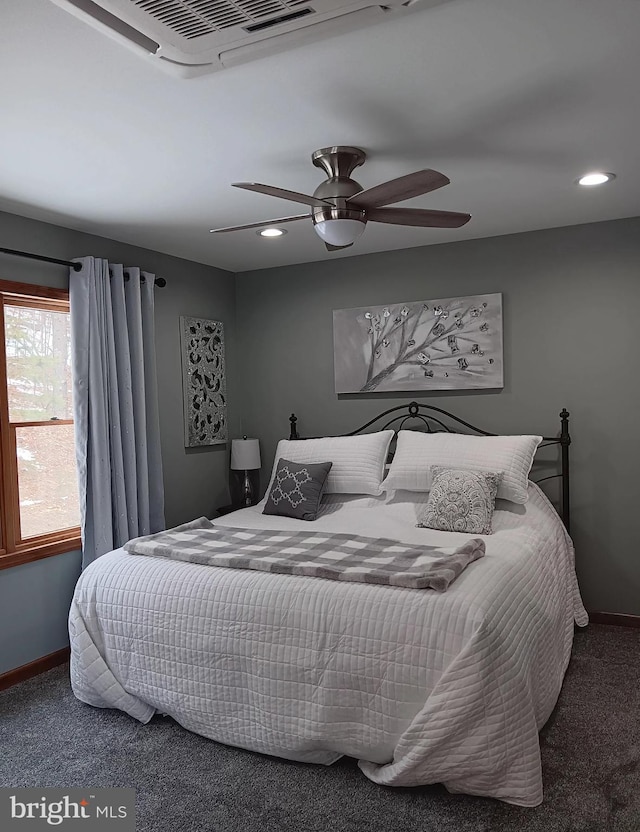 carpeted bedroom featuring recessed lighting, a ceiling fan, and baseboards