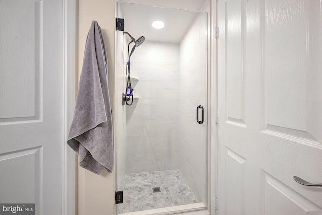 bathroom featuring a shower with shower door