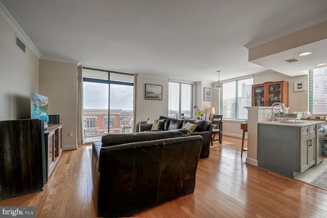 living room featuring ornamental molding, sink, floor to ceiling windows, and light wood-type flooring