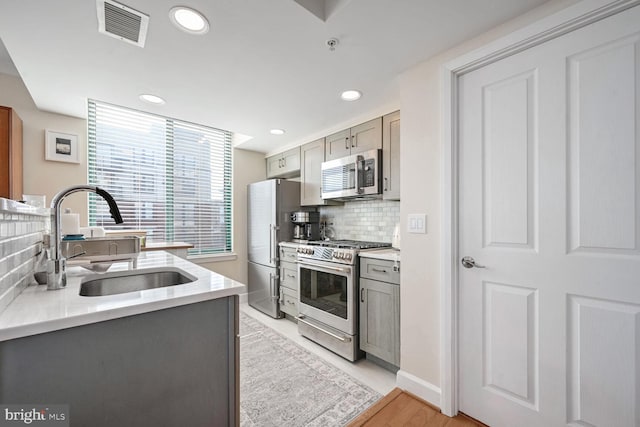 kitchen featuring sink, decorative backsplash, gray cabinets, and appliances with stainless steel finishes