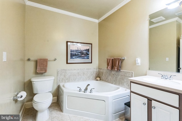 full bathroom with tile patterned flooring, a garden tub, toilet, vanity, and crown molding