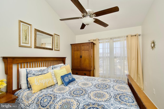 bedroom featuring a ceiling fan and lofted ceiling