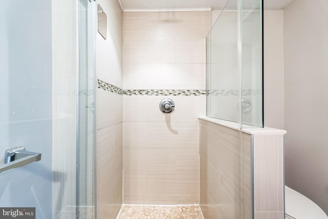 full bathroom featuring tiled shower and toilet