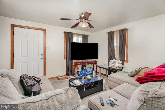 living room with carpet and ceiling fan