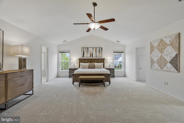 bedroom with ceiling fan, visible vents, carpet floors, lofted ceiling, and baseboards