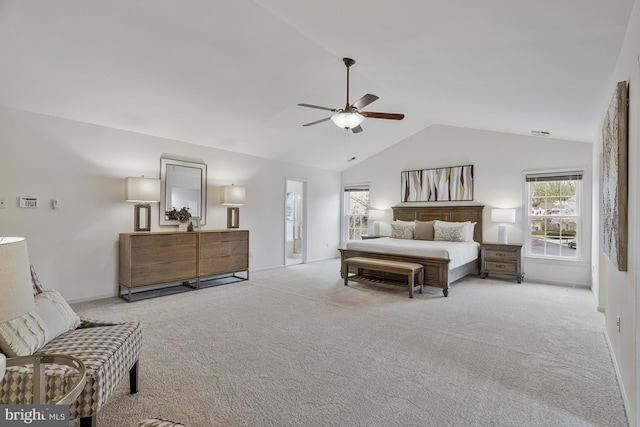 bedroom with light carpet, visible vents, ceiling fan, and lofted ceiling