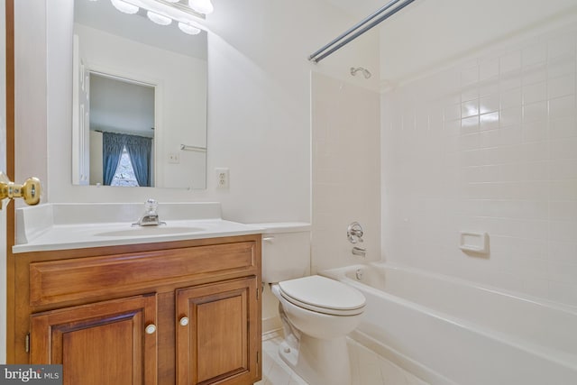 full bathroom with toilet, tile patterned floors, tub / shower combination, and vanity