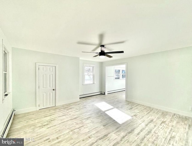 spare room with baseboard heating and light hardwood / wood-style floors