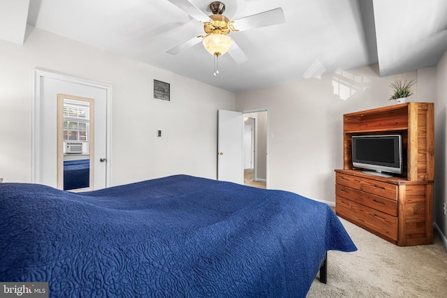 bedroom with cooling unit, a ceiling fan, visible vents, carpet floors, and baseboards