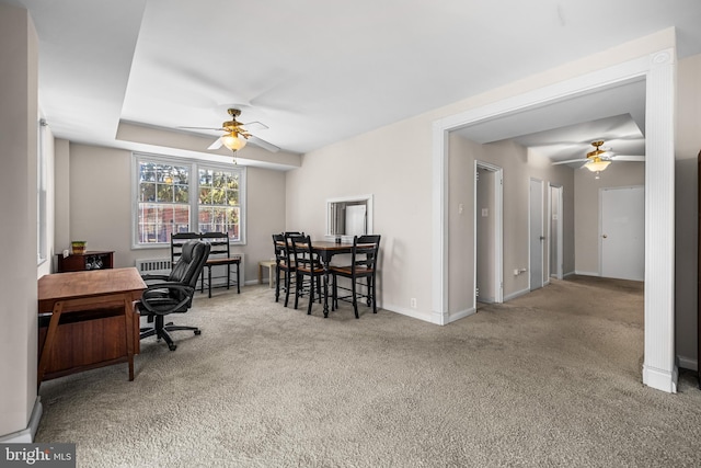 office with baseboards, carpet floors, and ceiling fan