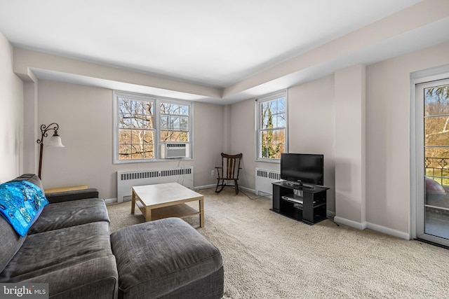 living area with radiator and carpet