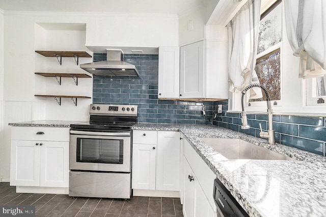 kitchen featuring sink, stainless steel electric range oven, white cabinetry, and ventilation hood