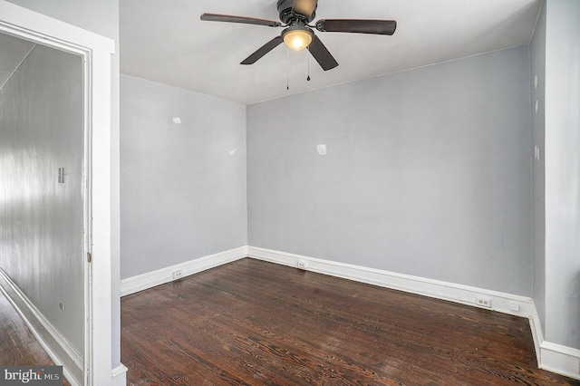 unfurnished room featuring dark wood-type flooring and ceiling fan