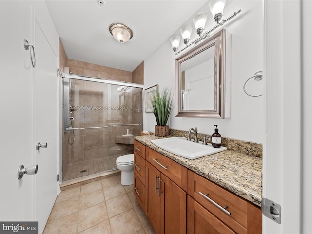 full bathroom with toilet, a shower stall, vanity, and tile patterned floors