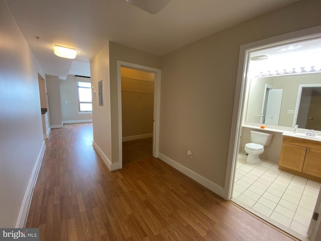 hall featuring hardwood / wood-style flooring, sink, and electric panel