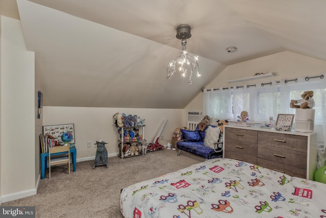 carpeted bedroom featuring lofted ceiling, an AC wall unit, and baseboards