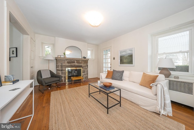 living area featuring radiator, a fireplace, and wood finished floors